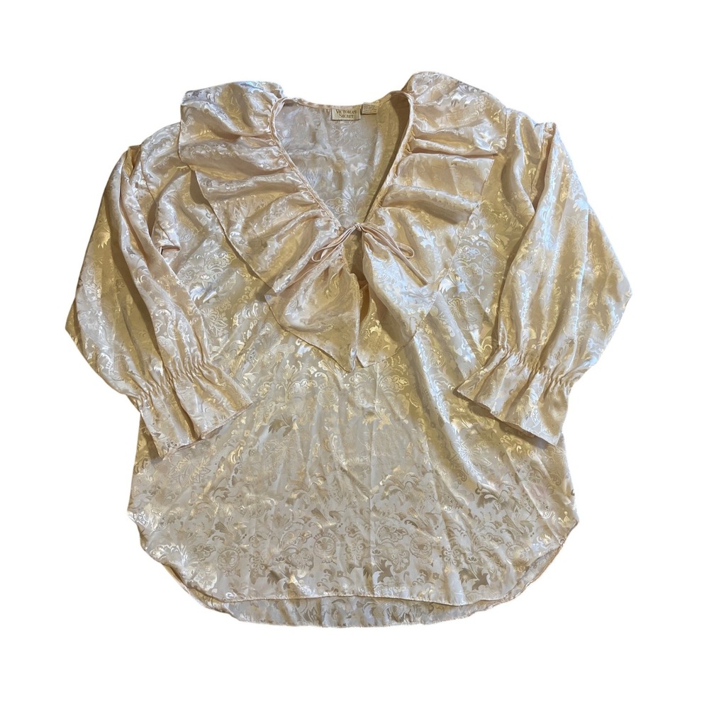 Vintage Victorias Secret Gold Label Floral Satin Ruffle Pajama Top Champagne M/L